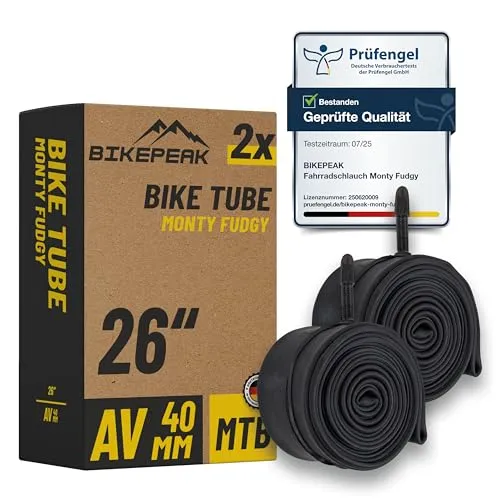 BikePeak 2X Fahrradschlauch MTB 26 Zoll mit schwarzem Autoventil 40mm - Schlauch AV Schrader Ventil, ETRTO 40/62-559, 650B - 2er Set Schläuche Monty Fudgy