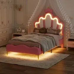 Flieks Polsterbett 90x200cm mit LED und Kronen-Kopfteil - Betten für Kinder und Jugendliche mit königlichem Design, inklusive Lattenrost und farbwechselnden LED-Lichtern für eine kreative Schlafatmosphäre.