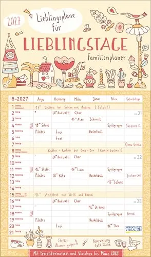 Familienplaner Lieblingspläne für Lieblingstage 2027: Familienkalender, 6 große Spalten. Familientimer mit Ferienterminen, extra Spalte und Vorschau bis März 2027. Format: 27 x 46 cm