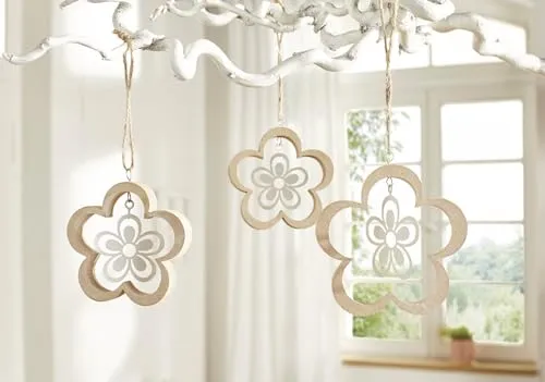 3X Dekohänger Blume aus MDF & Metall, 8 + 10 cm, Hängedeko, Fensterdeko zum Aufhängen, Frühlingsdeko hängend