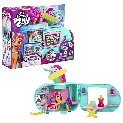 My Little Pony Sunny - Starscout Smoothie Truck Spielset - Spielfiguren Set mit 1 Ponyfigur und 15 Zubehörteilen, ideal für kreative Rollenspiele und Sammeln, inklusive Batterien für extra Spaß, ab 5 Jahren.
