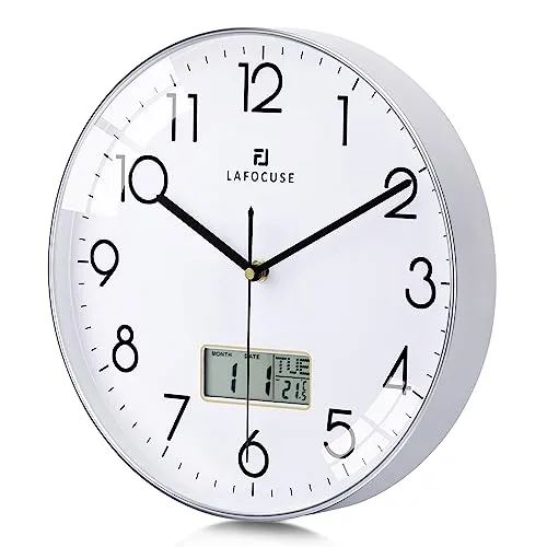 Lafocuse Lautlos Wanduhr mit Kalender Digital LCD - Moderne Wanduhren mit Datum, Wochentag und Thermometer, lautlosem Quarzwerk für eine ruhige Umgebung und leicht ablesbare Zeit - ideal für Wohnzimmer, Schlafzimmer und Büro.