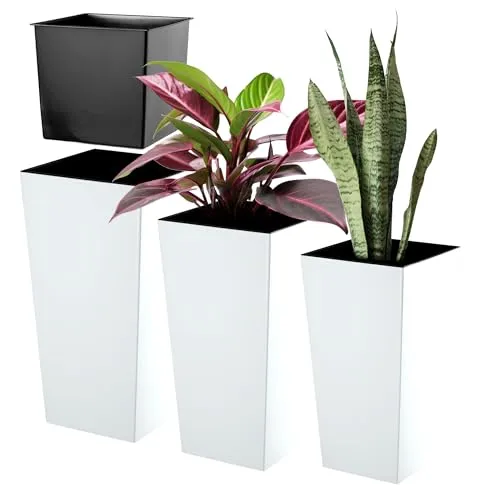 KADAX 3er Set Pflanzkübel mit Innentopf 46,5/57,5/68 cm Höhe, Weiß Glatt – wetterfeste & robuste Blumenkübel aus Kunststoff, Blumentöpfe für Innen- & Außenbereich
