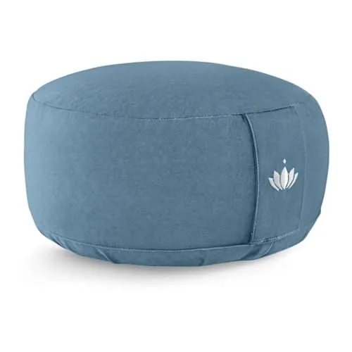 Lotuscrafts® Meditationskissen mit 15cm Sitzhöhe, bestickt, Yoga Kissen mit 100% Bio-Dinkelfüllung, Yogakissen Rund mit robustem Bezug waschbar, GOTS-Zertifiziert Bodenkissen Rund