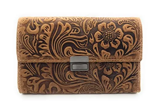 Feminine echt Leder Damen Kellnerbörse - Geprägtes Vollrindleder mit floralen Motiven, klassisches Münzfach und 6 Scheinfächer für optimale Organisation