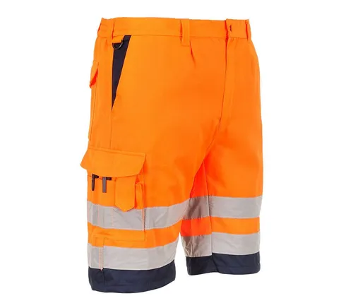 Portwest Arbeitsshorts E043 - Warnschutz-Kontrast Shorts - Modische knielange Warnschutz-Shorts mit praktischen Taschen und Gummizug für optimalen Tragekomfort. Ideal für warme Tage bei der Arbeit, bietet diese Shorts zahlreiche Stauräume und einen modernen Look.