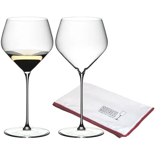 Riedel VELOCE Chardonnay Weinglas 2er Set mit Poliertuch - Gläser für vollmundige Weißweine, maschinell gefertigt und spülmaschinenfest. Enthält ein Mikrofaser-Poliertuch für streifenfreies Glanzfinish.