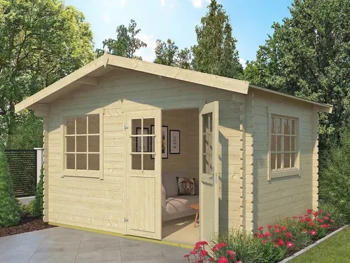 Gartenhaus Blockhaus Satteldach 34 mm Keila 34 - Geräumiges Gartenhaus mit 11,43 m² Nutzfläche, abschließbaren Doppeltüren und hochwertiger Blockbohlenbauweise - ideal für Gartenliebhaber.