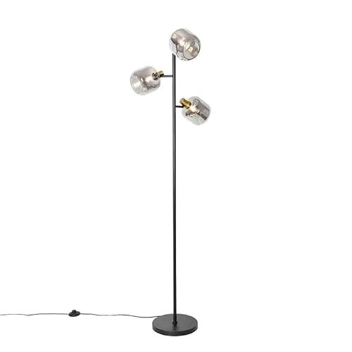 QAZQA Zuzanna - Moderne Stehlampe schwarz mit Gold und Rauchglas - Stehlampe für Wohnzimmer und Schlafzimmer, dimmbar für gemütliches Licht, mit 3 E14-Fassungen und edlem Design.