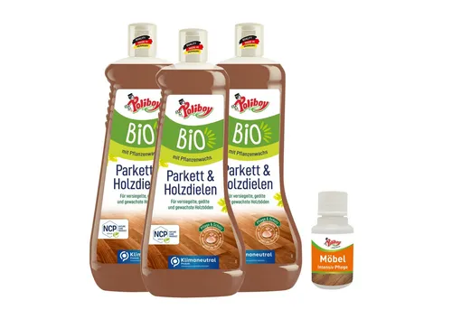 POLIBOY BIO Parkett und Holzdielen Pflege - 3x1L - Allzweckreiniger für die schonende Pflege von geölten, gewachsten und lackierten Echtholzböden mit natürlichem Pflanzenwachs und frischem Grapefruitduft.