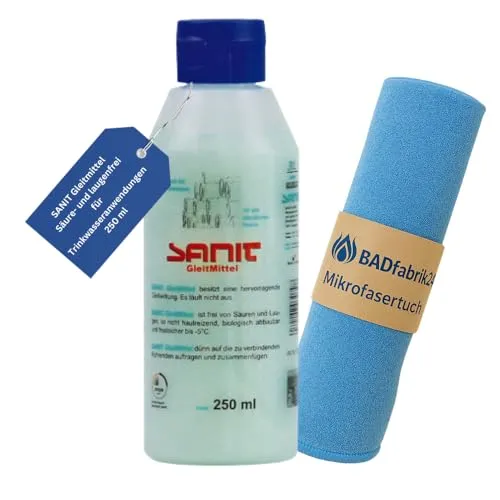 BADfabrik24 SANIT Gleitmittel 250 ml + Mikrofasertuch – trinkwassergeeignetes Montagegleitmittel für Rohr-, Muffen- & Schlauchverbindungen – säurefrei, hautverträglich