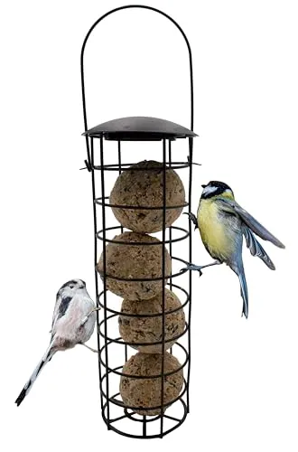 mucHome Meisenknödelhalter zum Aufhängen, Futterspender mit Dach für Wildvögel, Futtersäule für Meisenknödel, Eisen, Höhe 31 cm, schwarz