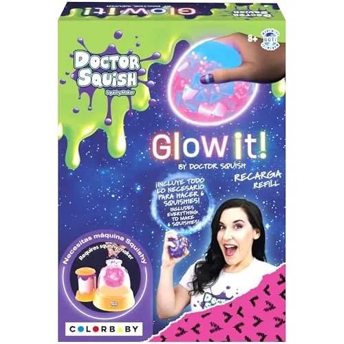 Doctor Squish Glow it! Nachfüllpackung mit 6 TPR-Squishies, 6 Wiederverwendbare Clips, Umschläge für Puder, Slime, Konfetti und Pailletten, kompatibel mit Squishy Maker Doctor Squishy, ab 8 Jahren