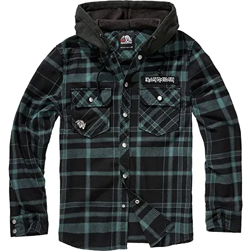 Brandit Maiden Check Shirt Hooded EDDI - Black-Green, Größe: L - Funktionsjacke mit Iron Maiden Patch und großem Rückenprint, abnehmbarer EDDIE Metallpin und praktischen Brusttaschen für einen coolen Look.