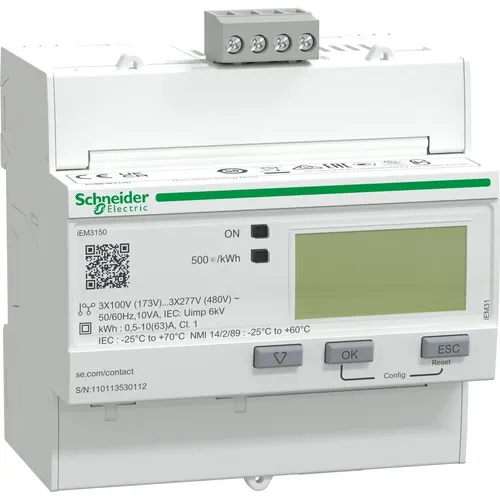Schneider Electric A9MEM3150 IEM3150 Energiezähler 3P+N 63A - Sicherungen mit LCD Display, ideal für präzise Energieüberwachung in dreiphasigen Netzen, unterstützt Modbus und Energiemanagement-Software für IoT-Integration.