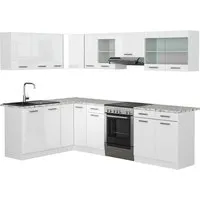 Vicco Winkelküche Rick, Weiß Hochglanz, 267 x 167 cm - Küchenzeilen mit eleganter Weiß Hochglanz-Oberfläche und stilvoller Marmor-Arbeitsplatte - ideal für moderne Küchen.