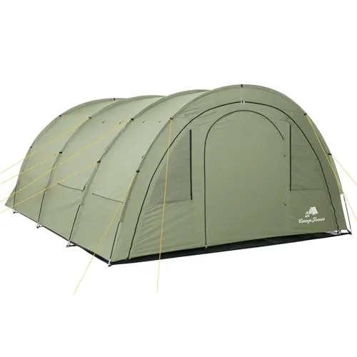 CampFeuer Zelt Multi für 4 Personen - Olivgrün - Tunnelzelt mit 5000 mm Wassersäule und geräumigem Vorraum, ideal für Familien und Gruppen. Atmungsaktive Schlafkabine mit Moskitonetz für erholsamen Schlaf.