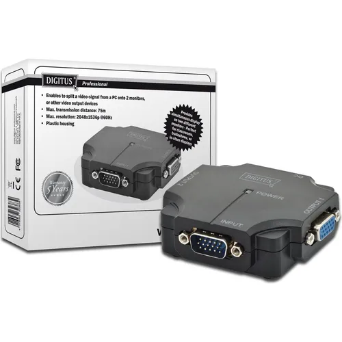 Digitus VGA Splitter 2-Port 350MHz int.Leistungsverstaerker bis 75m max Aufloesung 2048x1536 bei 60Hz (DS-41120-1)