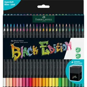 Faber-Castell Buntstifte Black Edition, 50 Stück - Schreibutensilien mit 50 leuchtenden Buntstiften aus schwarzem Holz. Bruchgeschützte Mine und stylisches Design, ideal für kreative Projekte auf dunklem Papier.