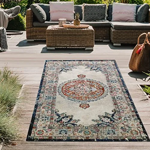 Teppich-Traum orientalischer Vintage LÄUFER für In- & Outdoor buntes Blumenmotiv rot-orange Größe 60x110 cm