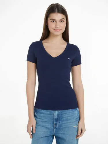 Tommy Jeans Damen Tjw Slim Essential Rib V Kurzarm Shirt, Blau, S EU - T-Shirts für Damen, aus 95% regenerativer Baumwolle und 5% Elastan, ideal für Freizeitlooks mit optimaler Passform und hohem Tragekomfort.