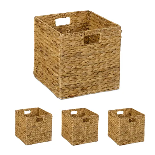 relaxdays Regalkorb Aufbewahrungskorb Wasserhyazinthe 4er Set - Regalkörbe aus Wasserhyazinthe, faltbar und formstabil. Ideal zur Ordnung in Wohn-, Schlaf- und Badezimmer. Perfekt für Kleidung, Handtücher oder Spielzeug.