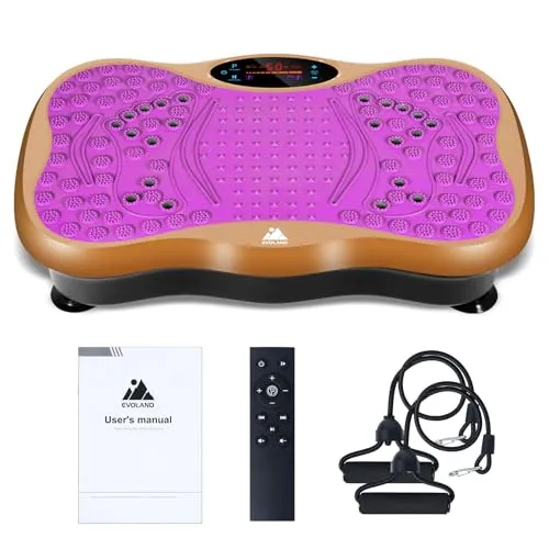 EVOLAND Vibrationsplatte Trainingsgerät mit 5 Trainingsprogramme bis 99 Intensitätsstufen, Bluetooth Lautsprecher, Widerstandsbänder mit Griff für Ganzkörpertraining und Körperformung-Purpurgold