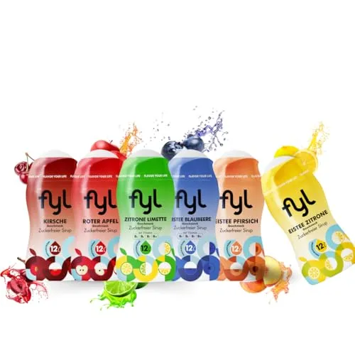 fyl Zuckerfreier Sirup Starterset - 6 Geschmacksrichtungen für 72L Zero Getränk - Sirupe mit 6 erfrischenden Geschmacksrichtungen, ideal für zu Hause und unterwegs – vitaminreich und fördert das Wassertrinken ohne Süßstoff-Nachgeschmack.