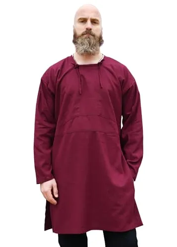 Battle-Merchant Mittelalter Wikinger Tunika Herren | Authentische Langarm Kostüm in Weinrot (M) - Historische Wikinger Tunika aus 100% Baumwolle, inspiriert von archäologischen Funden. Ideal für Mittelaltermärkte, Fasching oder Rollenspiele. Bietet Bewegungsfreiheit durch seitliche Schlitze und ist detailverliebt verarbeitet.