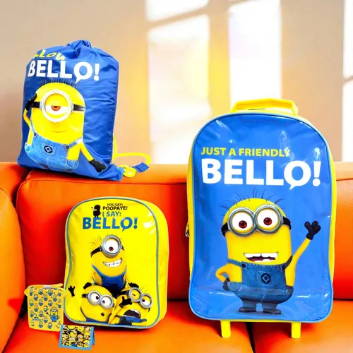 Minions Taschen-Set für Kinder mit Trolley, Schulranzen, Turnbeutel,Portemonnaie