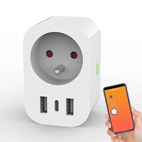 ANTELA WLAN-Steckdose (FR) 16 A mit 2 USB und 1 Typ C (2,4 A), Messung des Stromverbrauchs, intelligente Steckdose, kompatibel mit Alexa/Google Home, App-Steuerung, Sprachsteuerung