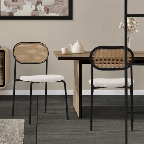 2er Set Esszimmerstühle in Beige mit Rattan Rückenlehne - Stühle für Erwachsene, modernes Design mit bequemer Sitzfläche und robuster Konstruktion. Ideal für Esszimmer oder Küche, max. Belastbarkeit 120 kg.