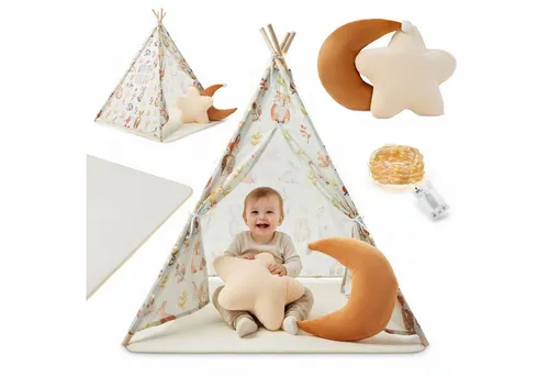 Mamabrum Kinder Tipi Zelt mit Matte, Kissen und LED
