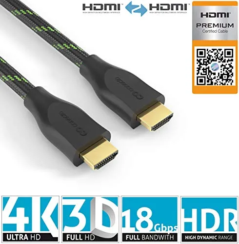 conecto Premium Zertifiziertes High Speed HDMI Kabel mit Ethernet mit Nylongeflecht, vergoldete Anschlüsse (4K UltraHD, 3D Full HD, 18Gbps Full Bandwith, HDR High Dynamic Range), 2,00m
