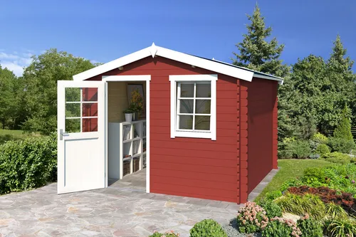 Gartenhaus Blockhaus Satteldach 28 mm Nina 275 rot - Gartenhaus mit 7.26 m² Nutzfläche und abschließbarer Einzeltür, ideal für Gartenliebhaber und als Stauraum.
