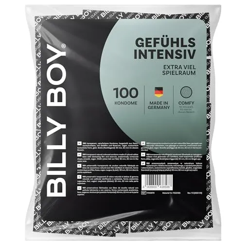BILLY BOY Gefühlsintensiv Kondome 100er Pack - Mehr Freiraum für intensiven Genuss - Kondome für Männer mit mehr Freiraum im oberen Bereich für ein natürlicheres Erlebnis. Vegan und dermatologisch getestet, hergestellt in Deutschland mit 100% Ökostrom.