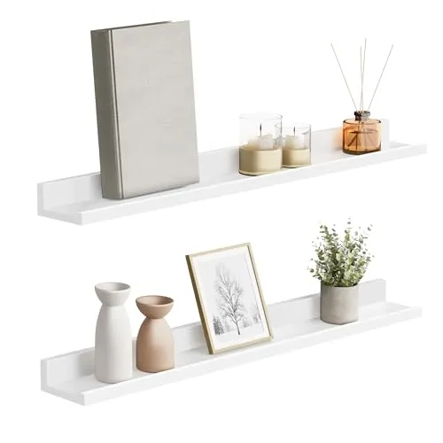 SONGMICS Wandregal, Schweberegal, 2er Set, 10 x 80 cm, Wandboard für Bilderrahmen und Bücher, Bilderregal für Wohnzimmer, Schlafzimmer, Bad, Küche, weiß LWS080W01