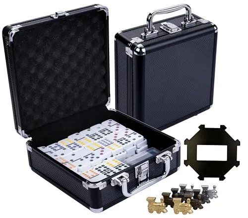 Engelhart Mexikanisches Domino Zug D12 - Domino-Spiel für 2 bis 8 Spieler, inklusive 91 Dominosteinen und 8 Metall-Lokomotiven im eleganten Aluminiumkoffer – ideal für Familienunterhaltung.