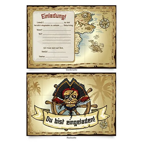 Buosha Piraten Schatzkarte Geburtstagseinladungen (8 Stück) für Kinder (6-10 Jahre)