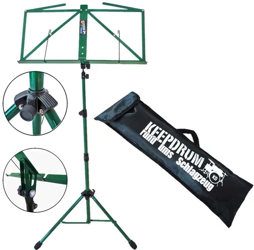 KEEPDRUM MUS3 GR Notenständer Grün mit Tragetasche - Stabiler Notenständer aus robustem Material, höhenverstellbar von 65 bis 145 cm, inklusive praktischer Tragetasche mit Gurt für einfachen Transport.