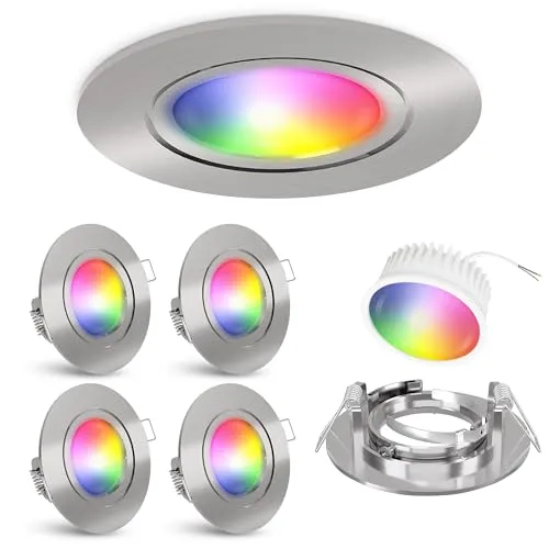 linovum 4er WLAN Einbauleuchten Set - Smart RGB LED Spots - 4er Set smarte Deckenspots in Edelstahloptik, steuerbar per App oder Sprache, keine Bridge nötig. Genießen Sie bis zu 16 Millionen Farben und verschiedene Weißtöne, kompatibel mit Alexa und Google.