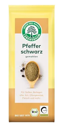 Lebensbaum Pfeffer Schwarz, Bio-Gewürz aus Indien, Schwarzer Pfeffer mit pikanter Grundnote, geeignet für Beilagen aller Art, gemahlen, 50g