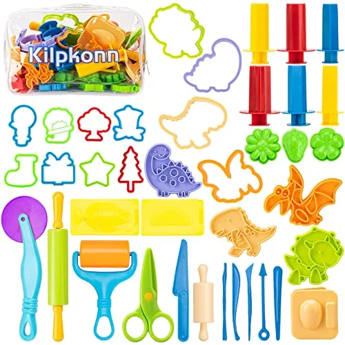 42pcs Knete Zubehör, Knetwerkzeug Set, Formen, Form, Schere, Knete Teigroller mit Aufbewahrungstasche, Spielset Kneteset zubehör für Kinder Kleinkinder Jungen Mädchen