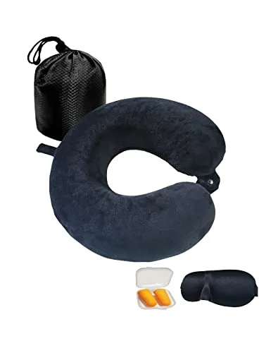 NavoX Reisekissen aus Memory-Schaum, Nackenstützkissen, Schlafmaske/Ohrstöpsel/Tasche, kompakt und leicht, Schnellpack für Camping, Büro, Flüge (schwarz)