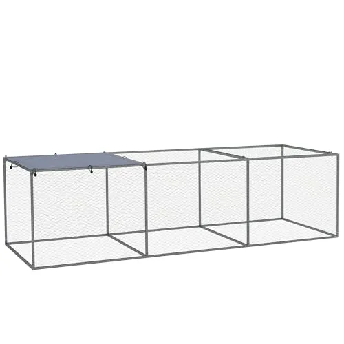 PawHut Mobiler Gehege Hühnerstall Käfig für den Außenbereich, 3 m², für kleine Tiere, Maße: 3 x 1 x 0,8 m, verzinkter Stahl, 1 obere Tür, abgedeckter Plane