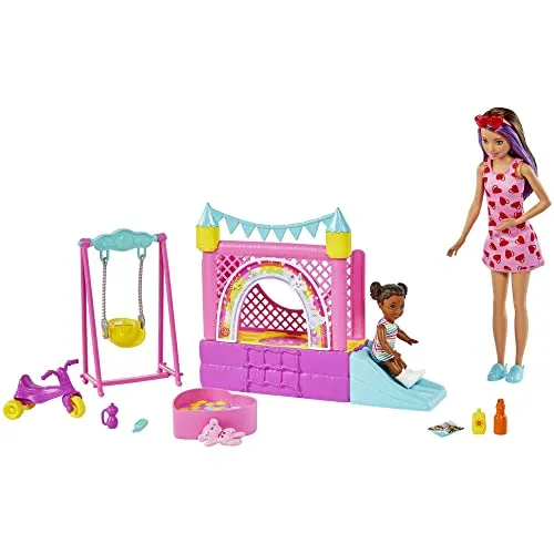 Barbie Skipper Babysitter Inc Bounce House Spielset - Puppen-Spielset mit Skipper und Kleinkind, inklusive Hüpfburg, Rutsche und witzigem Zubehör für kreativen Spielspaß ab 3 Jahren.