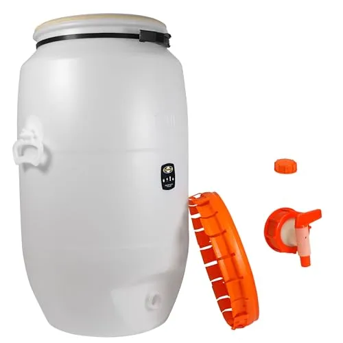 Lebensmittelechtes Getränkefass Mostfass Gärfass (120 Liter rund mit NW10 Auslaufhahn)