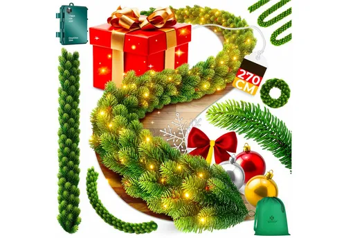 KESSER® Weihnachtsgirlande LED 2,7m – Dichte Tannennadeln mit Timer - Dekorative Weihnachtsgirlande mit realistischem Tannengrün, ideal für Innen- und Außenbereich. Inklusive LED-Beleuchtung, Dimmfunktion und Timer für stimmungsvolle Festtagsatmosphäre.