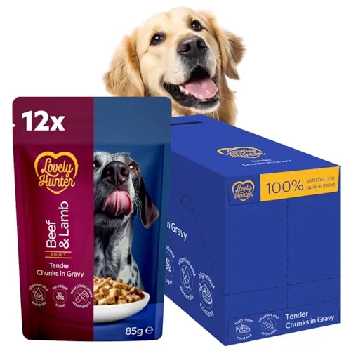 Lovely Hunter Hunde-Nassfutter, Gelenke, Rind und Lamm 12 x 85 g | Zarte Stückchen in saftiger Sauce, Vitamine A D3 E, Ohne künstliche Farbstoffe, Täglich, Erwachsene Hunde, 12 Beutel