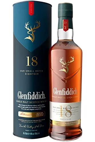 Glenfiddich 18 Jahre Single Malt Scotch Whisky - Whisky, 18 Jahre gereift in Oloroso-Sherry- und Bourbonfässern für einen reichhaltigen, einzigartigen Geschmack - perfekt für Whisky-Liebhaber.